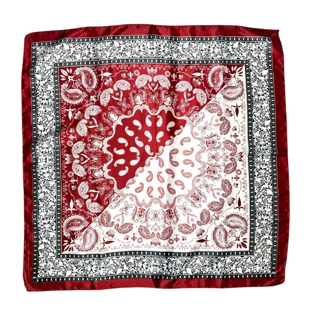 NEW Burgundy Ivory Paisley Floral Printed Square Silky Scarf Wrap